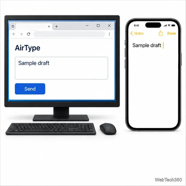 Windows browser AirType portal with a sample draft and Send button beside an iPhone note showing the transferred text