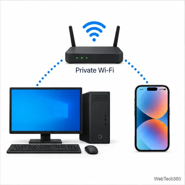 Windows desktop and iPhone connected to one wireless router labeled Private Wi-Fi