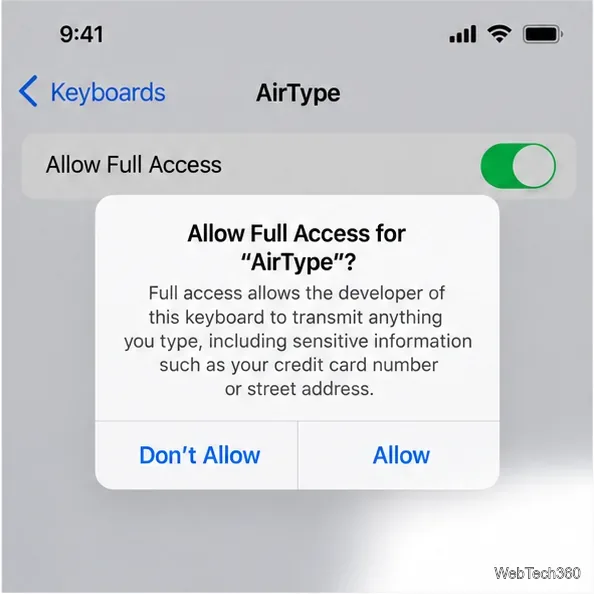 AirType Allow Full Access setting enabled with the iOS permission warning