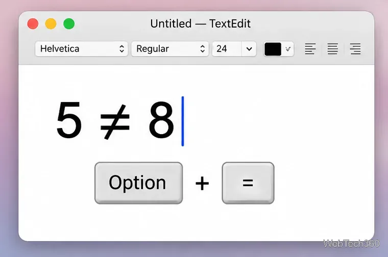 MacのTextEditスタイルのドキュメントで、5が8と等しくないことと、Optionキーとイコールキーのキーボードショートカットを示しています。