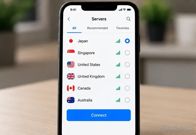 Список серверов мобильного приложения VPN, отображающий Японию, Сингапур, США, Великобританию, Канаду и Австралию.