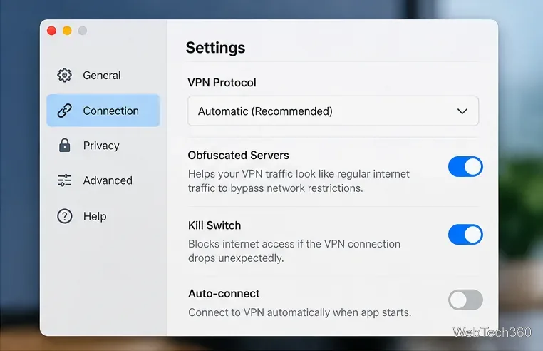 Экран настроек VPN с зашифрованными серверами и включенной функцией аварийного отключения.