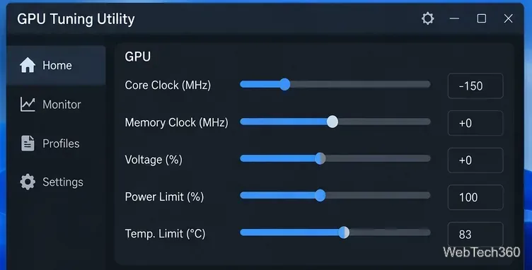 GPU tuning controls with the core clock reduced while memory clock, voltage, and power limit remain at default values