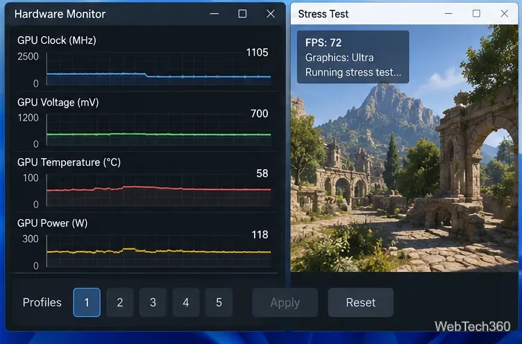 GPU hardware monitor beside a stress test showing clock speed, voltage, temperature, power, and frame rate during stability testing
