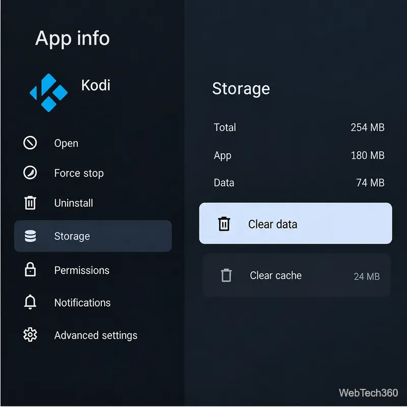 Kodi 的 Android TV 應用程式儲存設置，上面突出顯示了「清除資料」選項，並清除了快取。