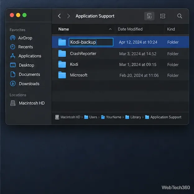macOS Finder 顯示 Kodi 資料夾已重新命名為 Kodi-backup，位於 Application Support 下。