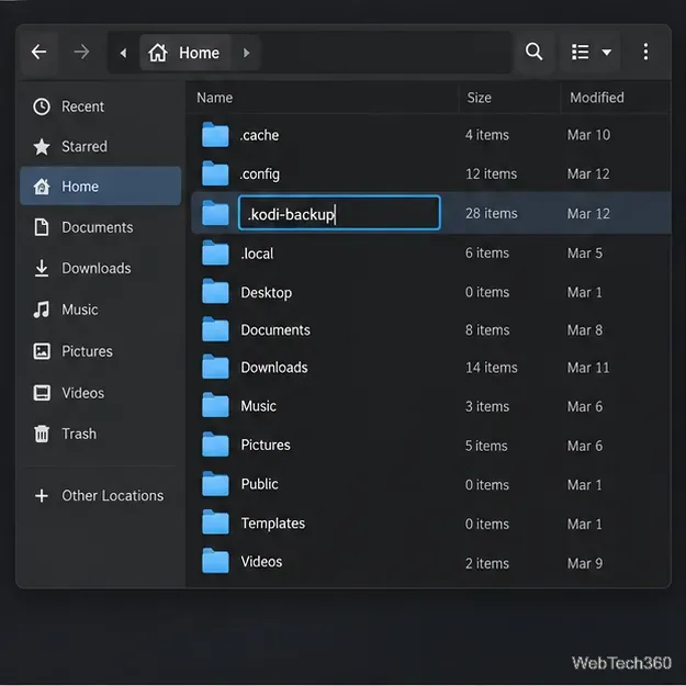 顯示隱藏檔案的 Linux 使用者目錄，以及重新命名為 .kodi-backup 的 Kodi 資料目錄。