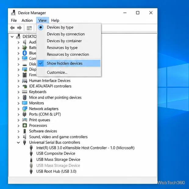 Menu widoku Menedżera urządzeń z zaznaczoną opcją Pokaż ukryte urządzenia i wyświetlonym na szaro wpisem o odłączonym porcie USB