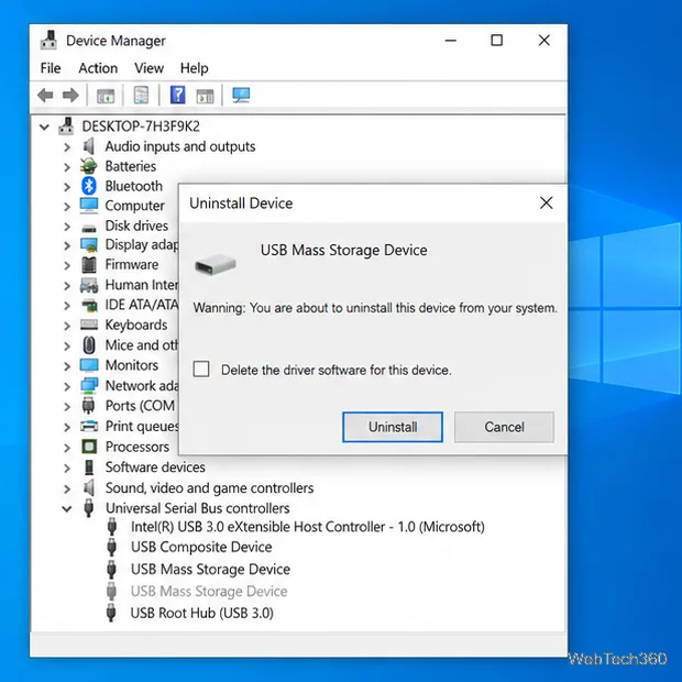 Okno dialogowe Odinstaluj urządzenie w systemie Windows 10 z niezaznaczoną opcją Usuń oprogramowanie sterownika dla tego urządzenia