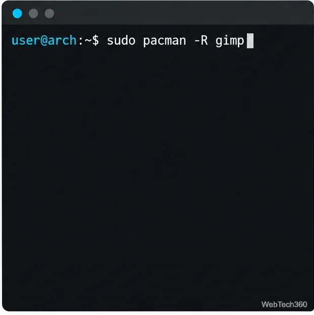 Prompt de terminal no estilo Arch exibindo sudo pacman -R gimp.