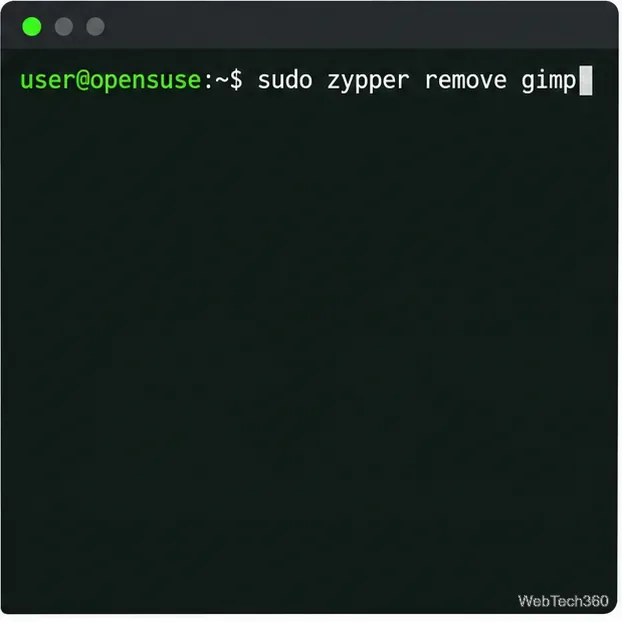Prompt de terminal no estilo openSUSE exibindo o comando sudo zypper remove gimp.