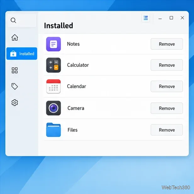 Visualização dos aplicativos instalados no estilo do KDE Discover, com botões de remoção.