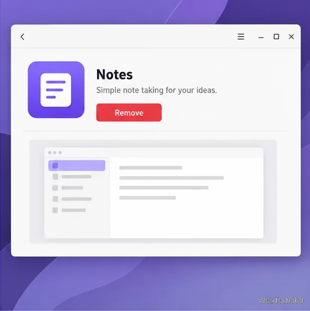 Página de detalhes do aplicativo no estilo do GNOME Software, com um botão Remover para o app Notas.