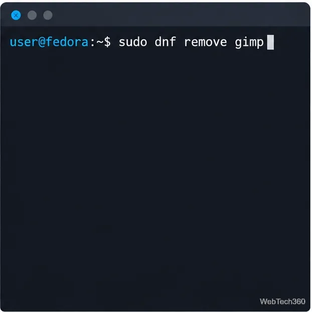 Prompt de terminal no estilo Fedora exibindo sudo dnf remove gimp.