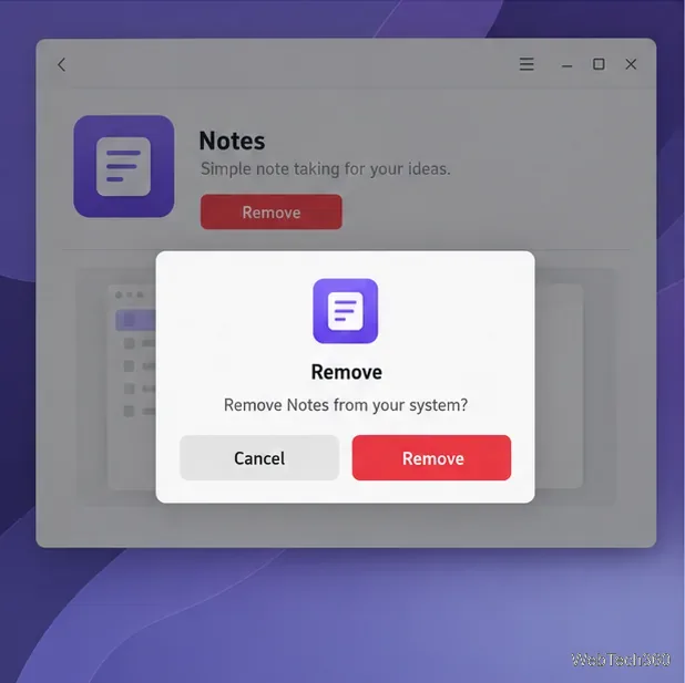 Uma caixa de diálogo de confirmação de remoção de software para o aplicativo Notas, com botões Cancelar e Remover.