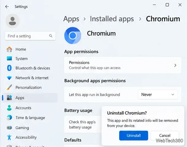 หน้าต่างยืนยันการตั้งค่า Windows ถามว่าต้องการถอนการติดตั้ง Chromium หรือไม่