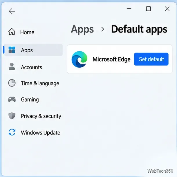 หน้าแอปเริ่มต้นของ Windows 11 พร้อม Microsoft Edge และตัวควบคุม "ตั้งค่าเริ่มต้น"