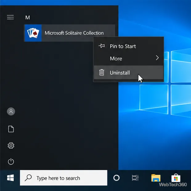 Windows 10 Start menu context menu for Microsoft Solitaire Collection with Uninstall available