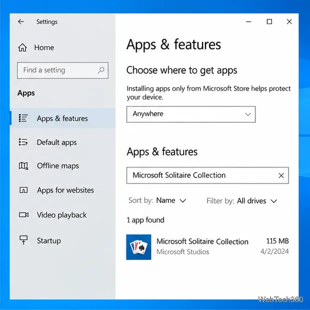Windows 10 Apps & features page filtered to Microsoft Solitaire Collection