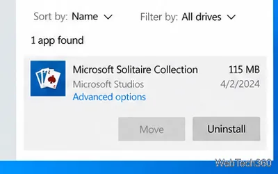 Microsoft Solitaire Collection selected in Apps & features with its Uninstall button visible