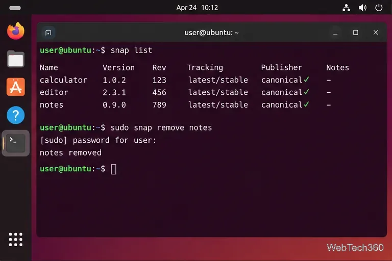 Terminal do Ubuntu exibindo a saída do comando `snap list` e o comando `sudo snap remove` para um aplicativo.