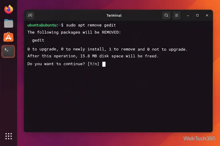 O terminal do Ubuntu exibe uma pré-visualização da remoção do APT e a mensagem de confirmação "Deseja continuar?".