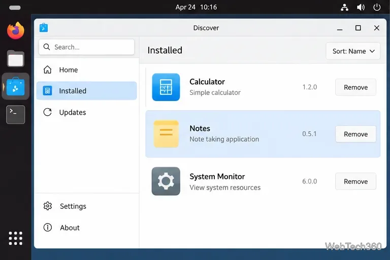 A visualização "Instalados" do KDE Discover exibe um aplicativo selecionado e os botões "Remover" ao lado dos aplicativos instalados.