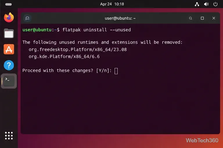 O terminal do Ubuntu mostra o comando `flatpak uninstall` não utilizado e uma lista de runtimes e extensões não utilizadas.