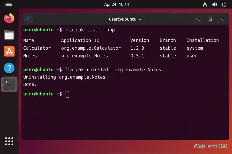 Terminal do Ubuntu exibindo o comando `flatpak list` seguido do comando `flatpak uninstall` para o ID selecionado.