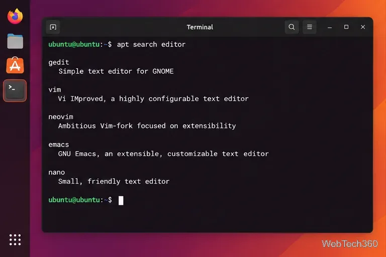 Terminal do Ubuntu executando o comando `apt search editor` e listando os nomes dos pacotes de editores de texto.