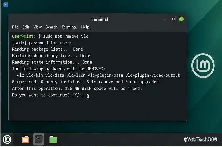 Linux MintのターミナルにAPT削除の確認画面が表示されている。