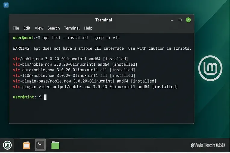 Linux Mintのターミナルで、インストールされているVLC関連のAPTパッケージの一覧を表示する