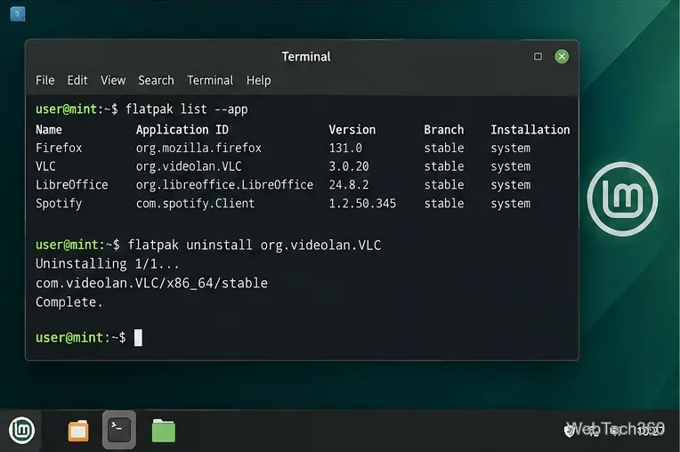 Linux MintのターミナルでFlatpakアプリケーションの一覧を表示し、VLCをアンインストールする