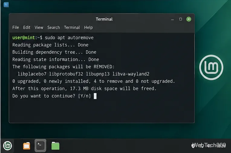 Linux Mintのターミナルにapt autoremoveの確認画面が表示されている。