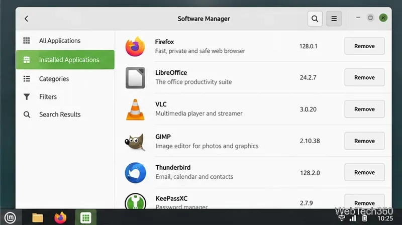 Linux Mintのソフトウェアマネージャーにインストールされているアプリケーションの一覧が表示されている。