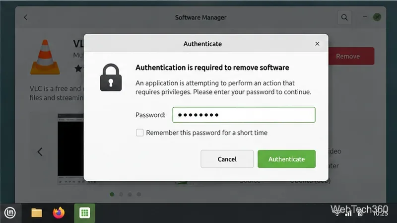 ソフトウェア削除中にLinux Mintの認証ダイアログが表示される