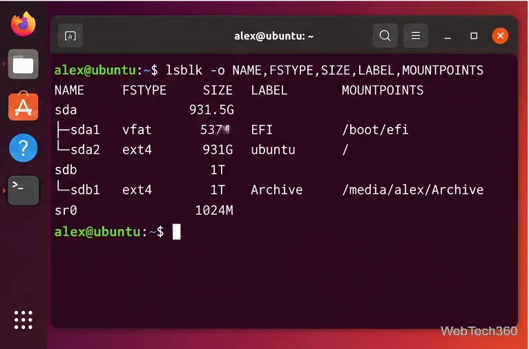 Ubuntu Terminal showing lsblk output with an Archive partition mounted at /media/alex/Archive