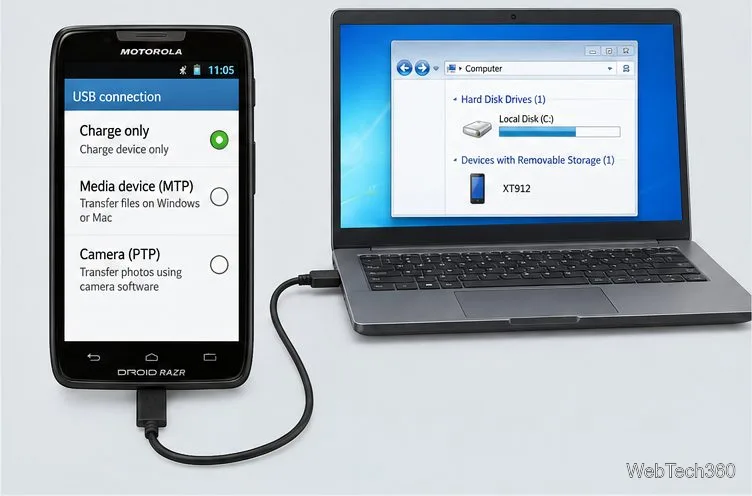 Смартфон Droid RAZR подключен к ноутбуку с Windows через USB, при этом на телефоне выбран режим «Только зарядка».
