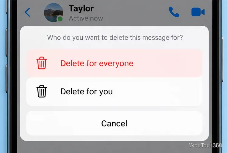 Messengerの削除メニューには、「全員に対して削除」と表示され、その上に「自分に対して削除」と表示されます。