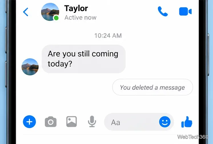 Messengerチャットで、以前青いメッセージが表示されていた場所に「メッセージを削除しました」と表示されます。