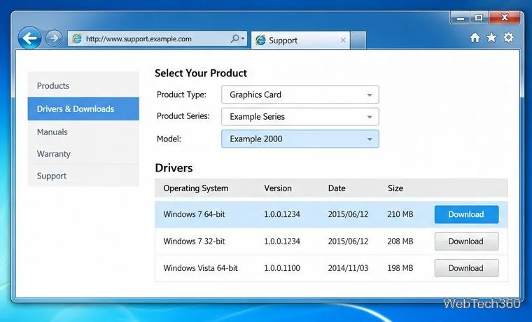 範例製造商支援頁面佈局,顯示了單獨的 Windows 7 64 位元和 32 位元驅動程式套件。