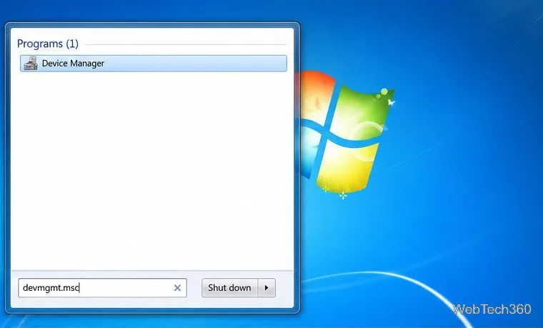 在 Windows 7 開始功能表中搜尋 devmgmt.msc,即可找到裝置管理員。