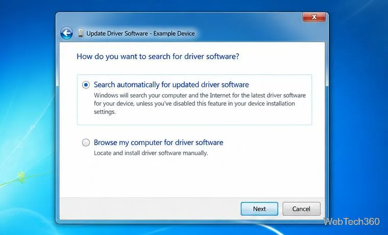 Windows 7 更新驅動程式軟體精靈,已選擇自動驅動程式搜尋。