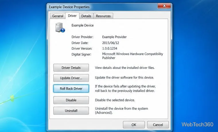 Windows 7 裝置屬性的「驅動程式」標籤中提供了「回滾驅動程式」選項。