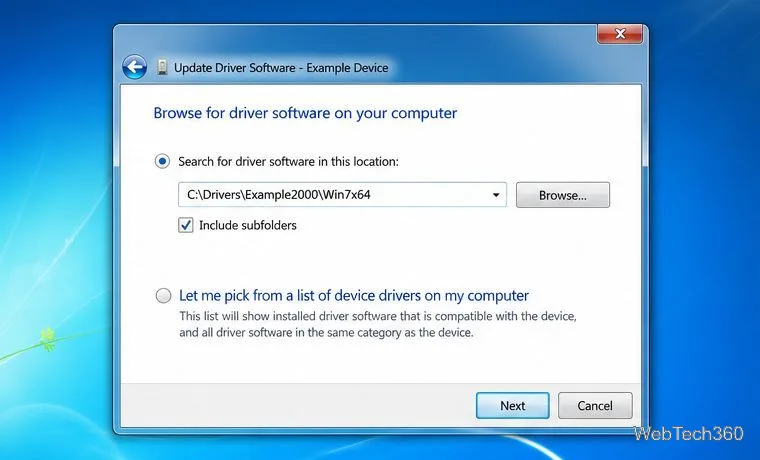 Windows 7 驅動程式精靈正在瀏覽已解壓縮的驅動程式資料夾,並選取了「包含子資料夾」選項。