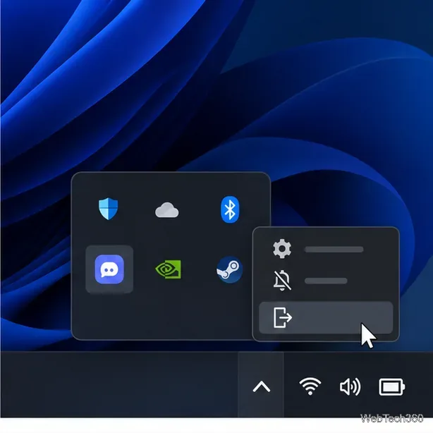 Windows 通知區域範例,其中聊天應用程式圖示已選中,其上下文功能表中有退出選項。