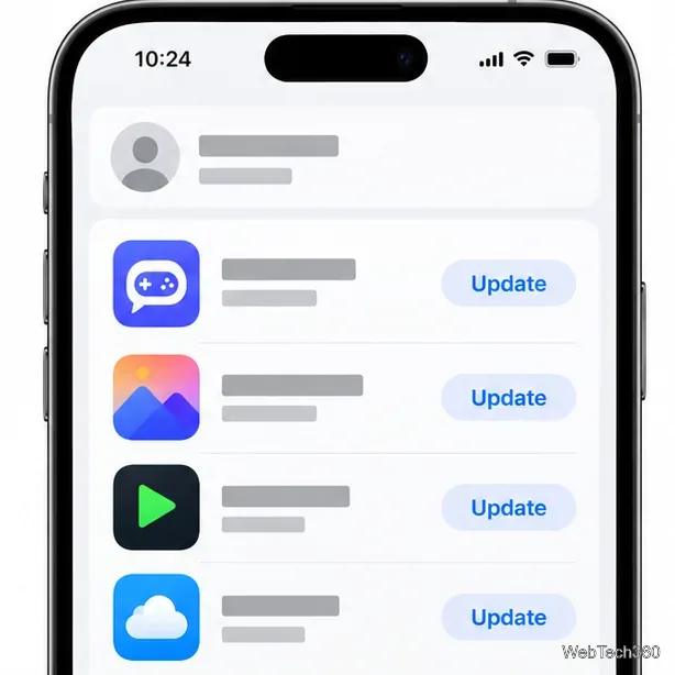 iPhone App Store 帳戶頁面範例,包含應用程式更新行和藍色更新按鈕。