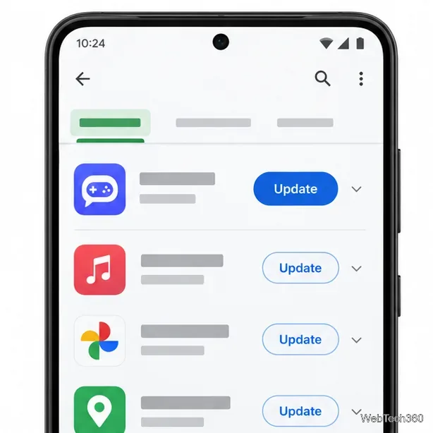 Android 應用程式商店更新清單範例,包含聊天應用程式行和「更新」按鈕。