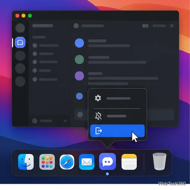 位於 Dock 欄上方的 macOS 聊天視窗範例,應用程式選單已打開,並已選擇退出選項。