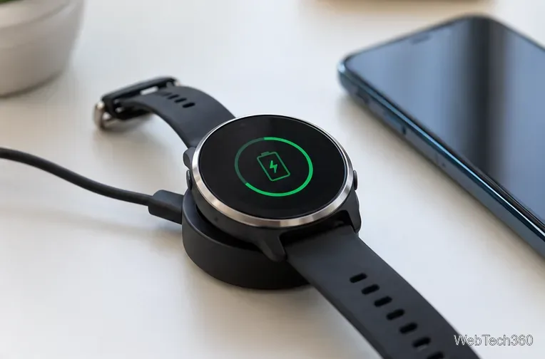 充電マークが見える磁気充電ドックに置かれた丸いスマートウォッチ